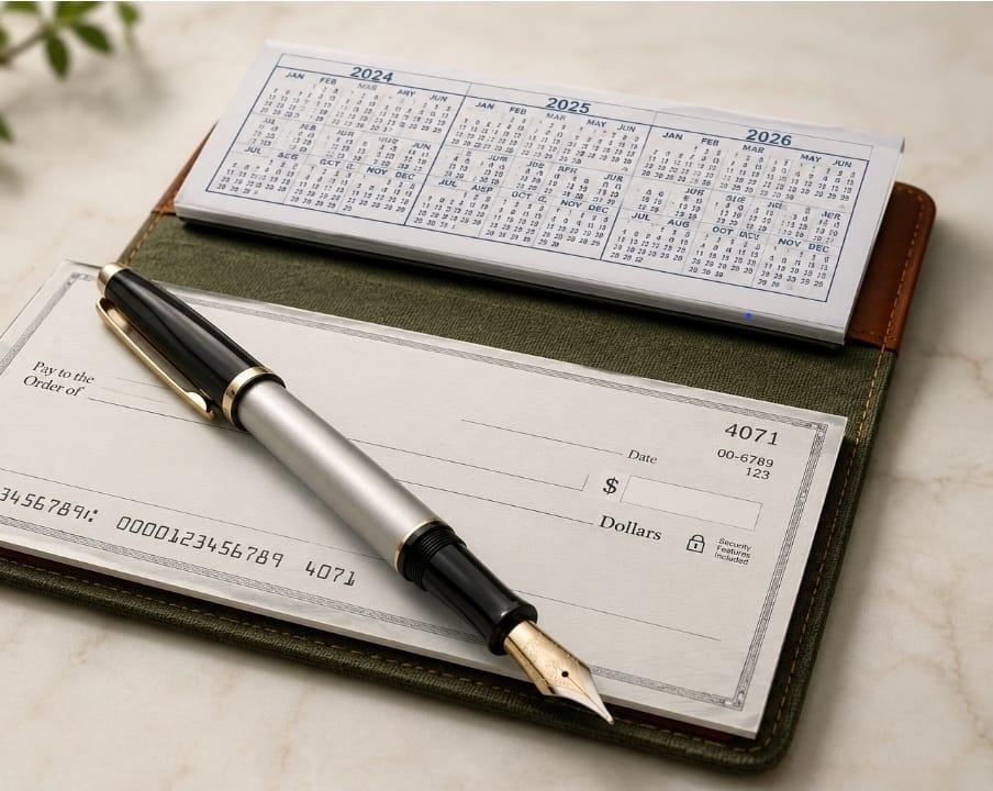 Fountain pen resting on a blank cheque — cover for My Reflections